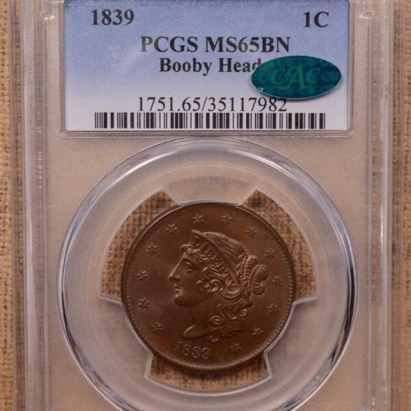 1839 N.13 Booby Head Coronet Head Cent PCGS MS65BN (CAC) - Image 3