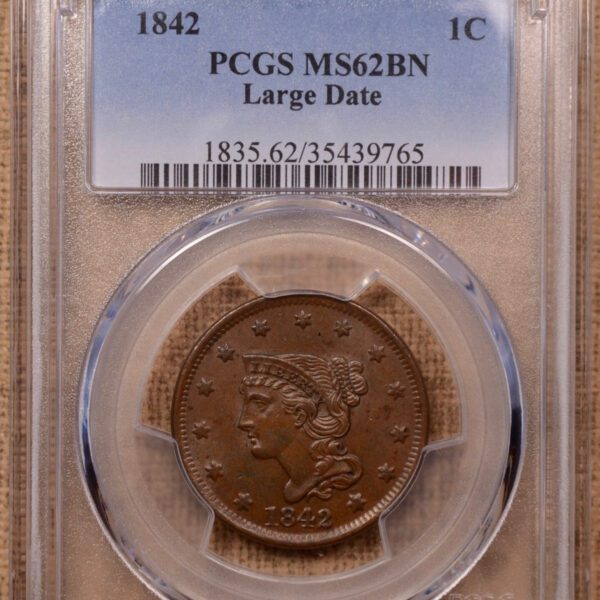 1842 N.6 Large Date Braided Hair Cent PCGS MS62BN - Image 3