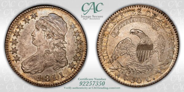 1811 O.107 R4 Small 8 Capped Bust Half dollar CACG MS63+ - Image 3