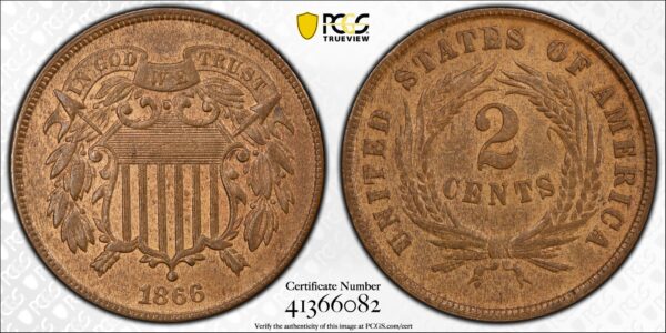 1866 Two Cent Piece PCGS AU58 CAC - Image 3