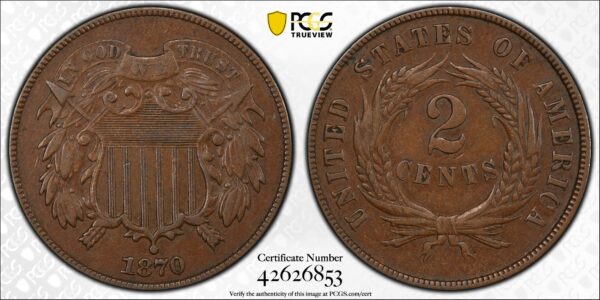 1870 Two Cent Piece PCGS XF45 CAC - Image 3