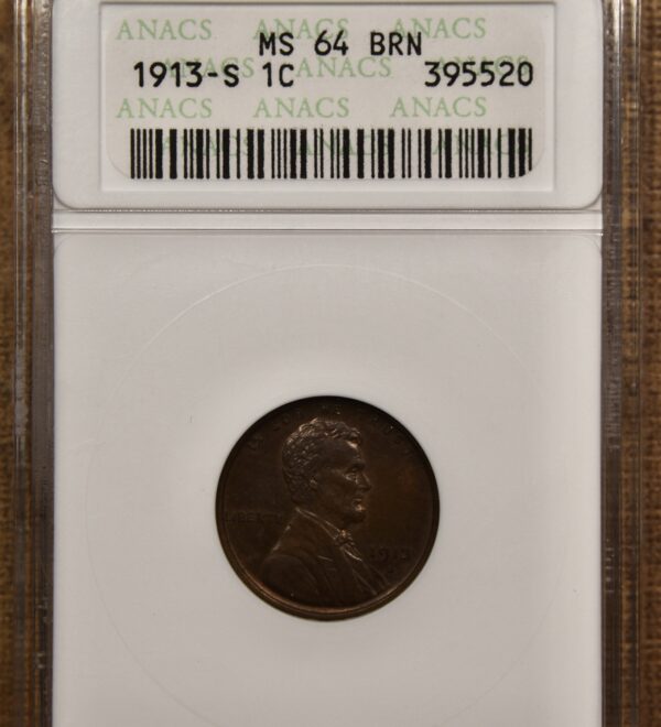 1913-S Lincoln Cent old ANACS MS64 BN - Image 3