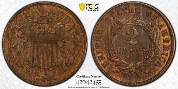 1864 Large Motto Two Cent Piece, PCGS AU58 - Image 3