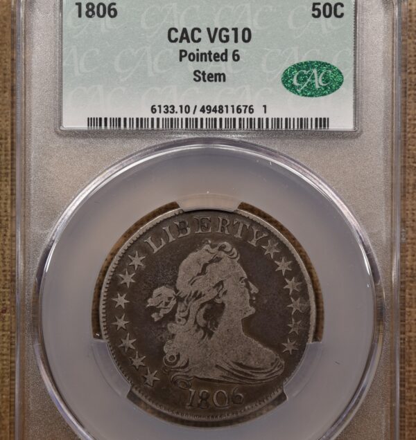 1806 O.116 T-20 Pointed 6 with Stem Draped Bust Half Dollar, CACG VG10 - Image 4