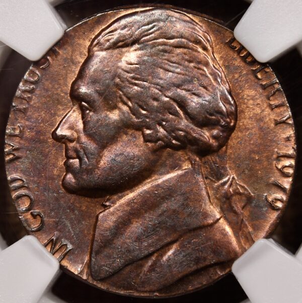 1979 Jefferson Nickel Mint Error on a 1 Cent Planchet, NGC MS64 RB