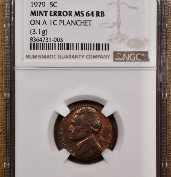 1979 Jefferson Nickel Mint Error on a 1 Cent Planchet, NGC MS64 RB - Image 3
