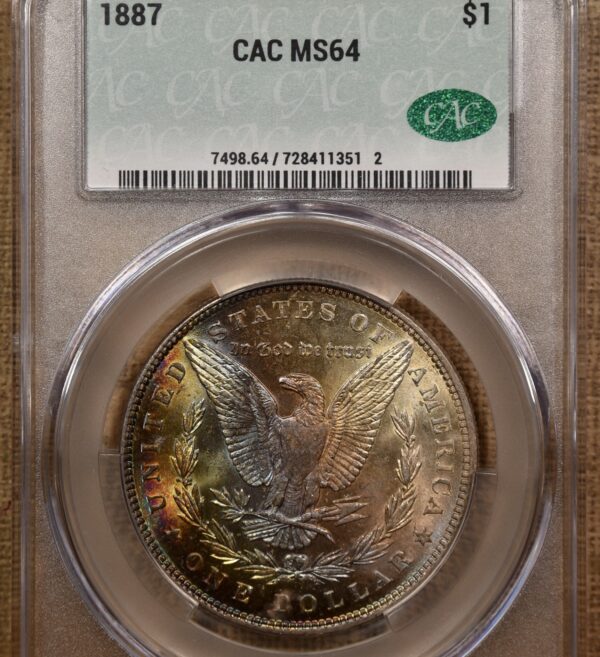 1887 Morgan Dollar, CACG MS64, Exceptional bag rainbow - Image 7