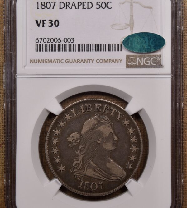 1807 O.104 T-5 Draped Bust Half Dollar, NGC VF30 CAC - Image 3