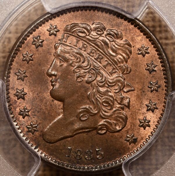 1835 C.1 Classic Head Half Cent, PCGS MS64 RB CAC