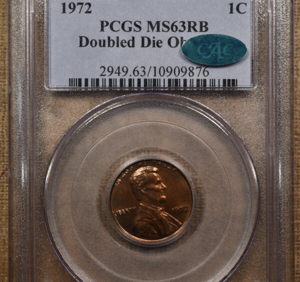 1972 Double Die Obverse Lincoln Cent, PCGS MS63 RB CAC - Image 6